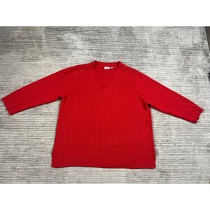 Cato Sweater Womens XL Red V-Neck Cable Knit Ribbed Long Sleeve Side Slit Hem